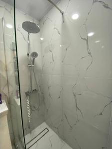 a shower with a glass door in a bathroom at Apartment in Yerevan in Yerevan