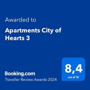 Certifikát, ocenenie alebo iný dokument vystavený v ubytovaní Apartments City of Hearts 3