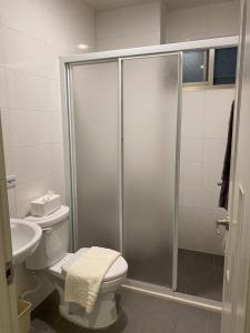 a bathroom with a shower and a toilet and a sink at KSF B&B in Tainan