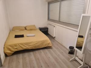 a bedroom with a bed and a large window at APPARTEMENT EN PLEIN CENTRE VILLE PESSAC AVEC 3 CHAMBRES in Pessac