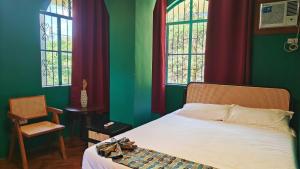 a bedroom with a bed with green walls and windows at 80 Bar Hostel in Coron