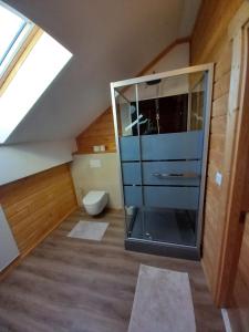Łazienka z przeszkloną kabiną prysznicową na poddaszu w obiekcie Gemütliches Holzhaus in Gamlitz w mieście Gamlitz