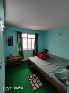 a bedroom with a large bed with blue walls and a window at MARYBONG HOME STAY in Darjeeling