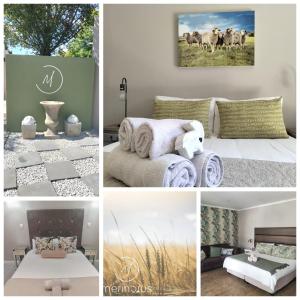 a collage of pictures of a bedroom with animals in the background at Merinorus Gastehuis in Willows