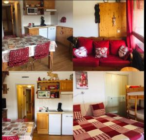 a collage of four pictures of a kitchen and a room at Petit cocon des montagnes in Bolquere Pyrenees 2000