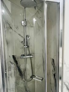 a shower in a bathroom with a glass door at Green Hotel in Vergiate +33 photos