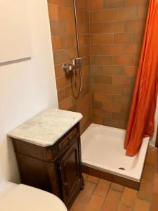 ROCCOLO في Morbio Inferiore: حمام مع دش مع مرحاض ومغسلة