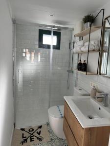 ein Bad mit einer Dusche, einem WC und einem Waschbecken in der Unterkunft CASA URBANIN III centro de cudillero in Cudillero