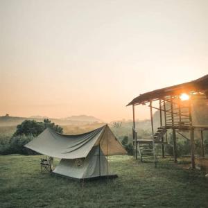 a tent in a field next to a building at Kesang Farm Jasin Melaka by I Housing in Jasin