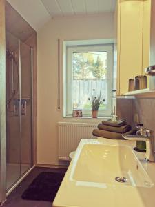 a bathroom with a sink and a shower and a window at Schöne, helle, ruhige Wohnung und Wellness Sauna 