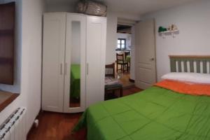 a bedroom with a green bed and a white cabinet at Pequeño apartament rural con un gran jardin. WIFI in Ispáster
