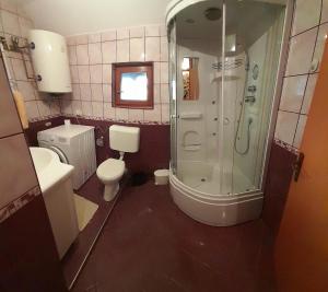 een badkamer met een douche, een toilet en een wastafel bij Apartments Sarajevo New town in Sarajevo