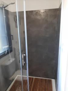 La salle de bains est pourvue d'une douche avec une porte en verre. dans l'établissement CHALET la VEILLA, à Ax-les-Thermes