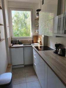 uma cozinha com um lavatório e uma janela em Chambre privée dans magnifique appartement calme em Paris