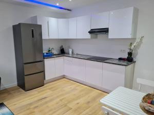een keuken met witte kasten en een roestvrijstalen koelkast bij ANTWERP Charming Studio in Antwerpen