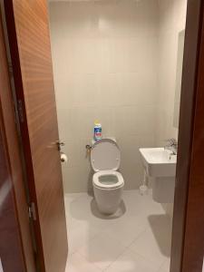 La salle de bains est pourvue de toilettes et d'un lavabo. dans l'établissement charmant appartement a oran gambetta pour famille, à Oran