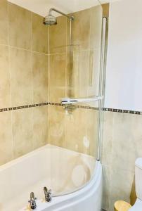 a bathroom with a shower with a tub and a toilet at Log Burner and Beamed Ceilings-2 Bed Cottage Crumpelbury and Whitbourne Hall less than a 4 minute drive Dog walking trails and local pub within walking distance and a 30 minute drive to the Malvern Hills in Worcester