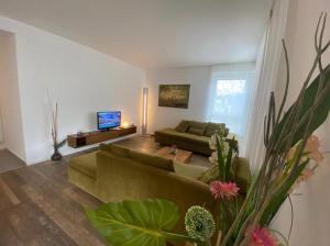 Gletscherblick Resort Kaprun by Jara في كابرون: غرفة معيشة بها أريكة خضراء وتلفزيون