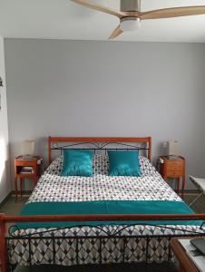 een bed met twee blauwe kussens in een slaapkamer bij Almendra34480 in Magalas