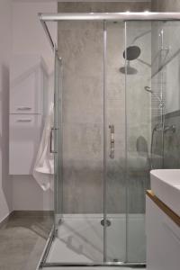 eine Dusche mit Glastür im Bad in der Unterkunft Apartment near Chopin Airport and Business center in Warsaw in Warschau