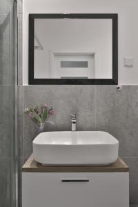 een badkamer met een witte wastafel en een spiegel bij Apartment near Chopin Airport and Business center in Warsaw in Warschau