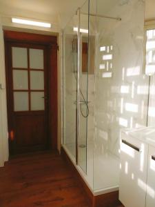 a glass shower in a bathroom with a door at La Chambre aux Hérons in Nantes