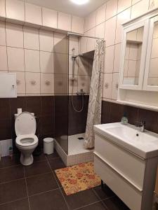 e bagno con servizi igienici, doccia e lavandino. di Chill & Stay - Self Check-in a Vilnius