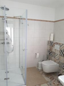 a bathroom with a shower and a toilet and a sink at schöne Wohnung in Bad Nauheim, nahe Frankfurt in Bad Nauheim