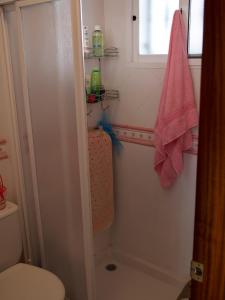 een badkamer met een douche, een toilet en een raam bij Chalet en Málaga, Torremolinos, cerca de la playa in Málaga