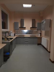 a large kitchen with gray cabinets and counters at HOSTEL PARK-Dobraszczecińska in Szczecińska