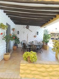 a patio with a table and chairs and plants at Casas Amaro in Órgiva