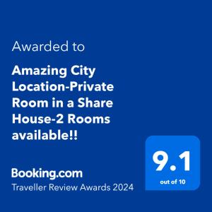 Сертификат, награда, вывеска или другой документ, выставленный в Amazing City Location-Private Room in a Share House-2 Rooms available!!