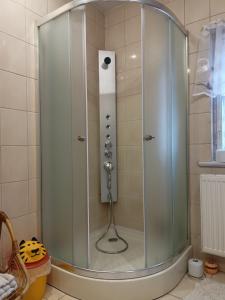 a shower with a glass door in a bathroom at Pod Małą Sową in Walim +62 photos