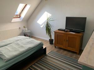 een slaapkamer met een bed en een flatscreen-tv bij Kleines Apartment in Mönchengladbach-Neuwerk in Mönchengladbach