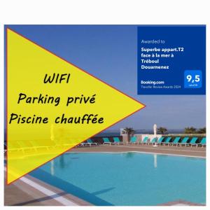 a flyer for a swimming pool with a yellow triangle at Superbe appart.T2 face à la mer à Tréboul Douarnenez in Douarnenez