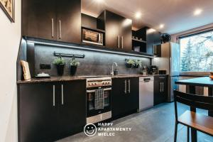 eine Küche mit schwarzen Schränken und einem Waschbecken in der Unterkunft Happy Time - Happy Apartamenty Mielec in Mielec