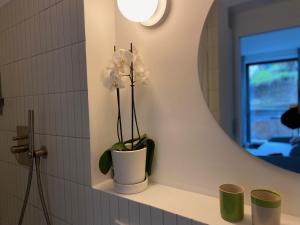 un vaso bianco con fiori bianchi su una mensola in bagno di Studio Heinrich 1 a Tutzing