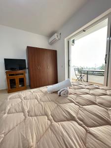 a large bed in a bedroom with a large window at Villa Ani in Borsh