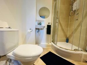 a bathroom with a toilet and a shower and a sink at City Hideout - Centrally Located Studio in Liverpool