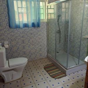 a bathroom with a shower and a toilet at COLIBRI VILLA Bon Berger in Gisenyi