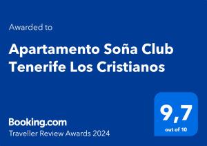 Majutusasutuses Apartamento Soña Club Tenerife Los Cristianos olev sertifikaat, autasu, silt või muu dokument