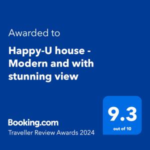 Ett certifikat, pris eller annat dokument som visas upp på Happy-U house - Modern and with stunning view
