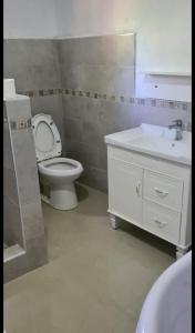 a bathroom with a white toilet and a sink at Home away from home 