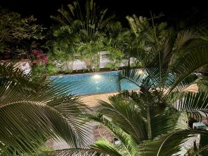 an overhead view of a swimming pool with palm trees at aonangstudio in Krabi town