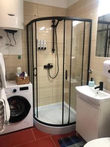 een douche in een badkamer met een wasmachine bij Master Corner Apartment in Krakau
