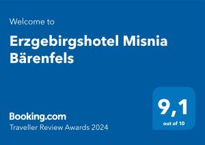 Sertifikāts, apbalvojums, norāde vai cits dokuments, kas ir izstādīts apskatei naktsmītnē Erzgebirgshotel Misnia Bärenfels