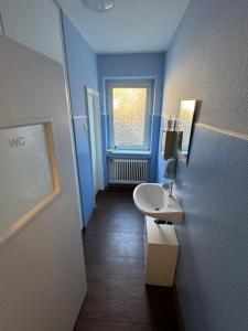 a blue bathroom with a sink and a window at Ferienwohnung Hercules in Meinerzhagen