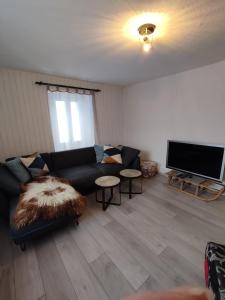 een woonkamer met een bank en een flatscreen-tv bij Haus Albula in Alvaneu