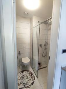 a bathroom with a shower and a toilet at AS apartman Panonica in Tuzla