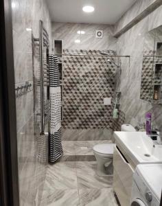 a bathroom with a shower and a toilet and a sink at Ciocana apartament in Chişinău +4 photos